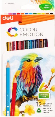 Цветни моливи Deli Color Emotion EC00200, 12 цвята,триъгълно тяло от липово дърво