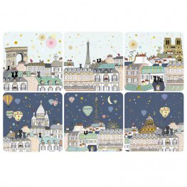 Комплект от 6 квадратни подложки за чаши - Над покривите на Париж CARTES D'ART