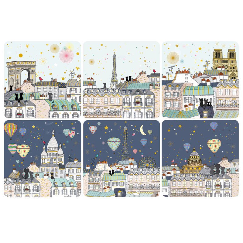 Комплект от 6 квадратни подложки за чаши - Над покривите на Париж CARTES D'ART