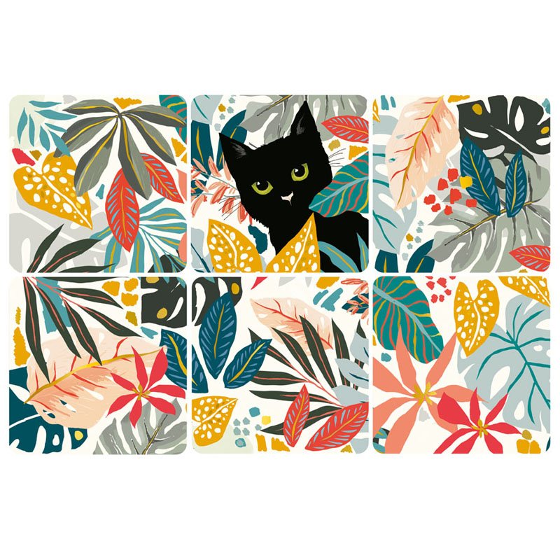 Комплект от 6 квадратни подложки за чаши - Черна котка CARTES D'ART